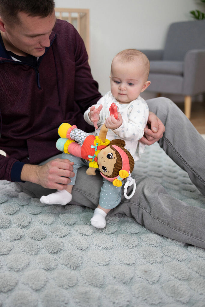 Lamaze My Friend Olivia plush sensory doll with crinkly textures and clip attachment for babies