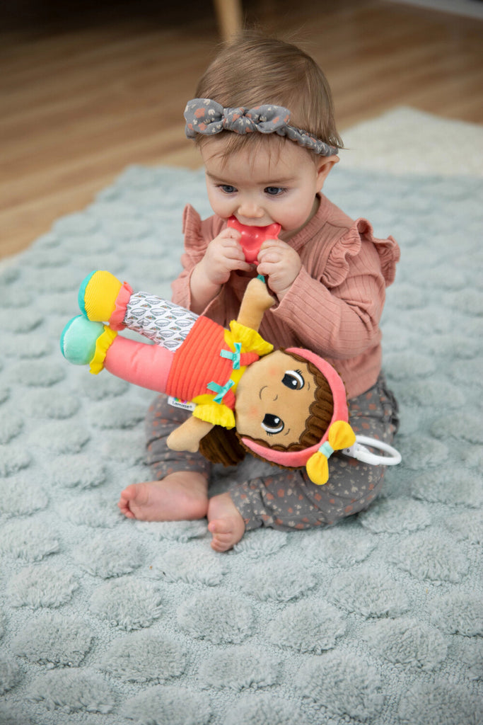 Lamaze My Friend Olivia plush sensory doll with crinkly textures and clip attachment for babies