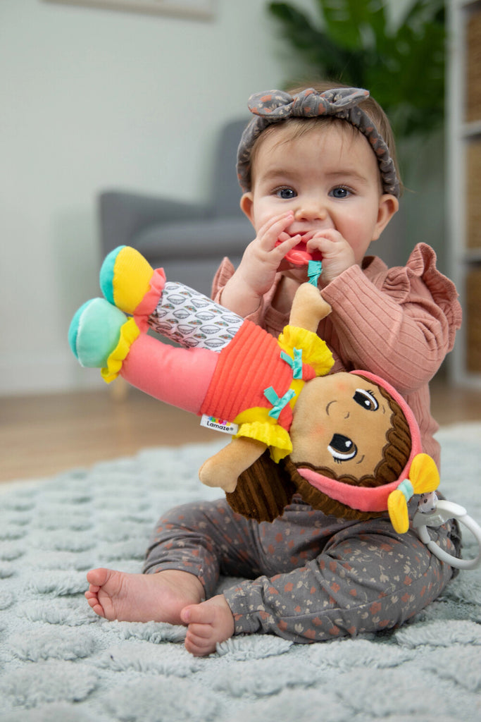 Lamaze My Friend Olivia plush sensory doll with crinkly textures and clip attachment for babies