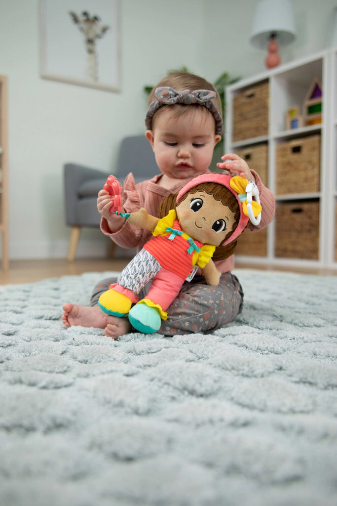 Lamaze My Friend Olivia plush sensory doll with crinkly textures and clip attachment for babies