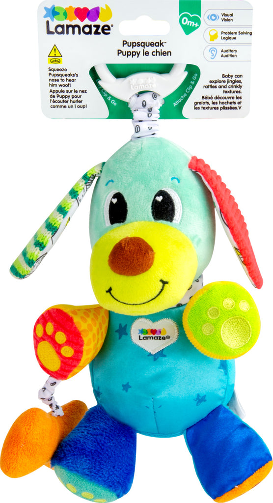 Lamaze Pupsqueak Refresh sensory toy with crinkly bone, jingling bells, rattles, and varied textures for infant development