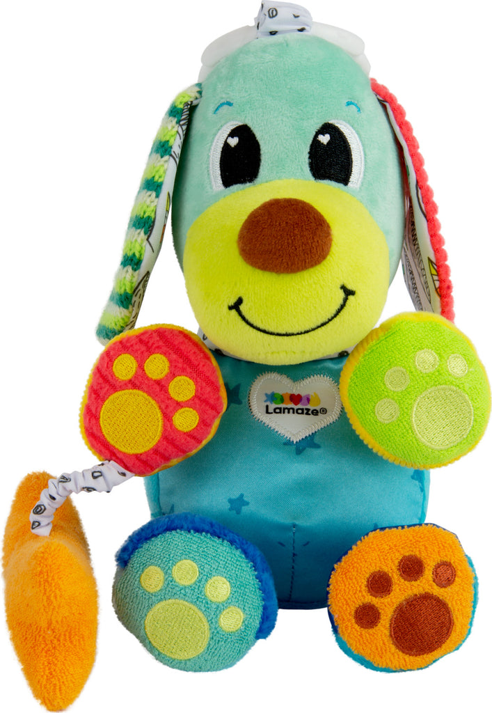 Lamaze Pupsqueak Refresh sensory toy with crinkly bone, jingling bells, rattles, and varied textures for infant development