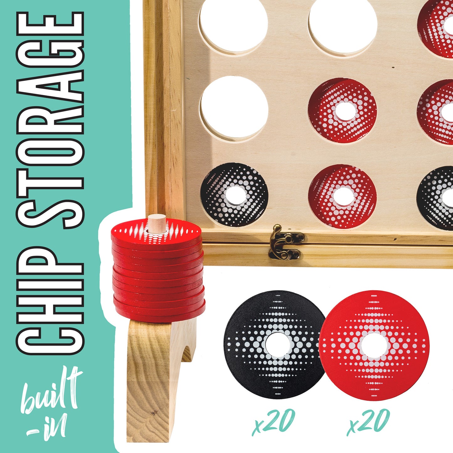 Jumbo 4 In A Row game with 24 inch wooden board and 40 plastic coin playing pieces