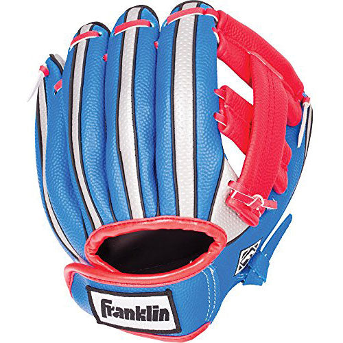 Franklin Sports Air Tech soft foam baseball glove and ball set in blue, red and silver colors with adjustable wrist closure