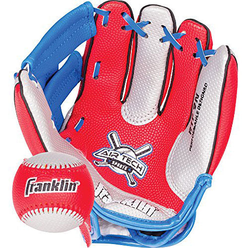 Franklin Sports Air Tech soft foam baseball glove and ball set in blue, red and silver colors with adjustable wrist closure