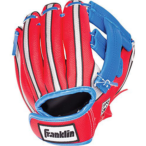 Franklin Sports Air Tech soft foam baseball glove and ball set in blue, red and silver colors with adjustable wrist closure