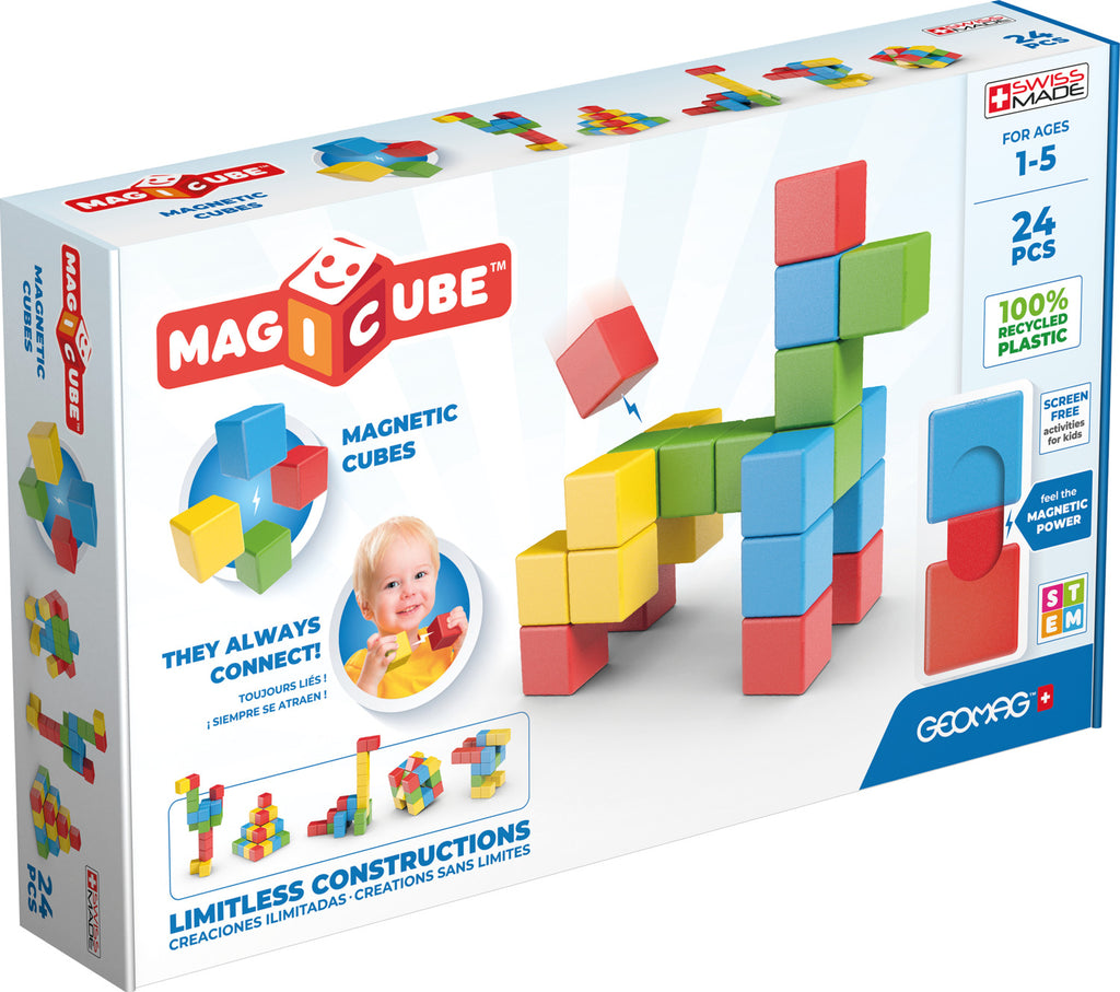 Geomag Magicubes Full Color magnetic building blocks set with 24 colorful chunky cubes for toddlers and young children