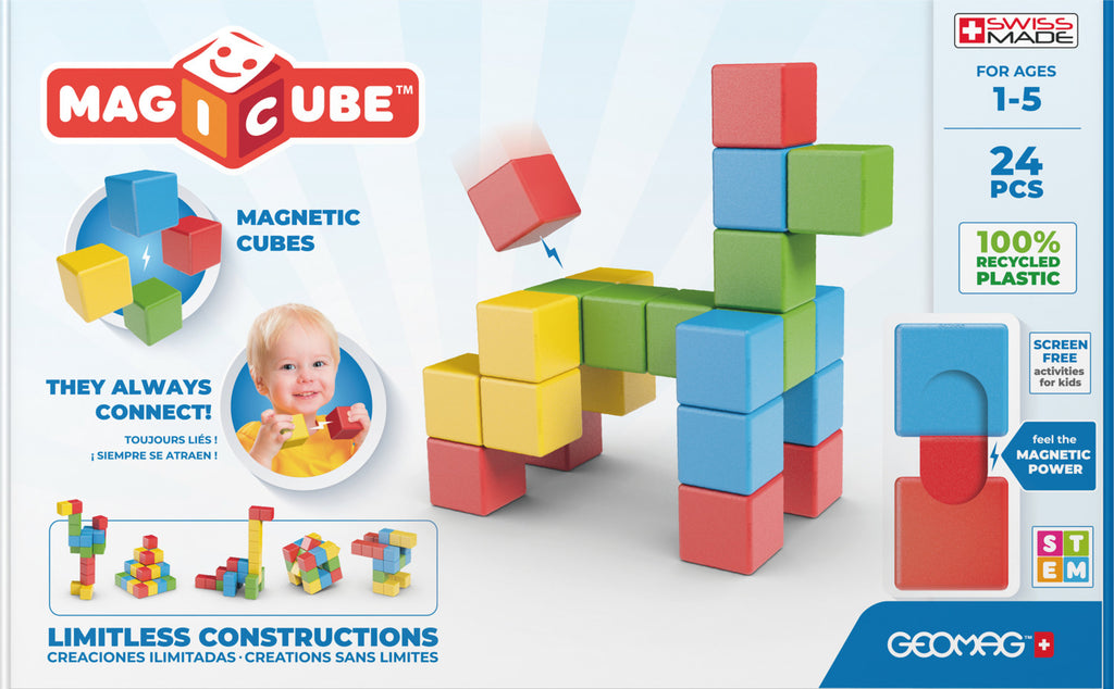 Geomag Magicubes Full Color magnetic building blocks set with 24 colorful chunky cubes for toddlers and young children