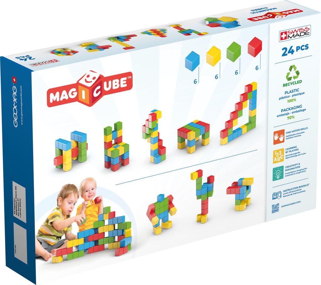 Geomag Magicubes Full Color magnetic building blocks set with 24 colorful chunky cubes for toddlers and young children