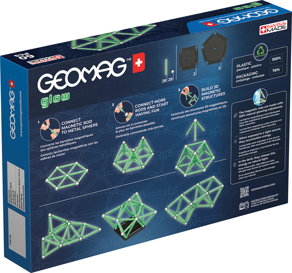 Geomag Glow 60-piece magnetic construction set with glow-in-the-dark rods and steel spheres made from recycled plastic