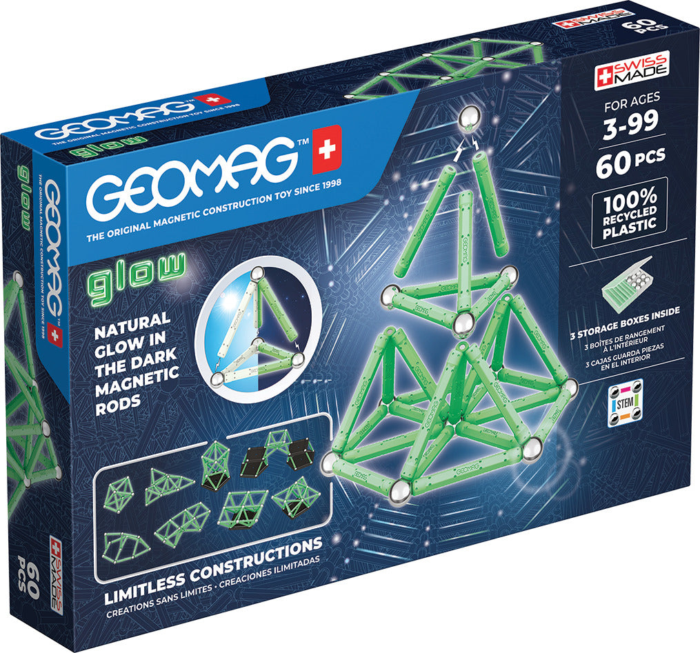 Geomag Glow 60-piece magnetic construction set with glow-in-the-dark rods and steel spheres made from recycled plastic