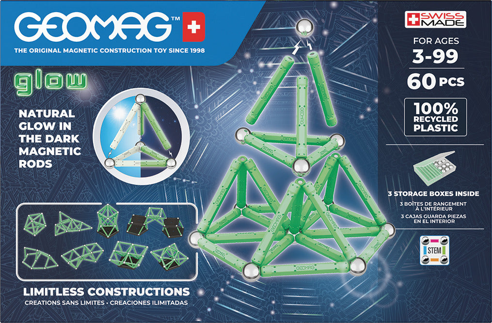 Geomag Glow 60-piece magnetic construction set with glow-in-the-dark rods and steel spheres made from recycled plastic