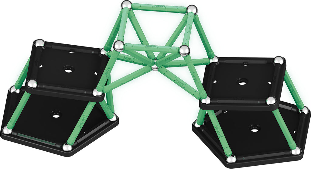 Geomag Glow 60-piece magnetic construction set with glow-in-the-dark rods and steel spheres made from recycled plastic