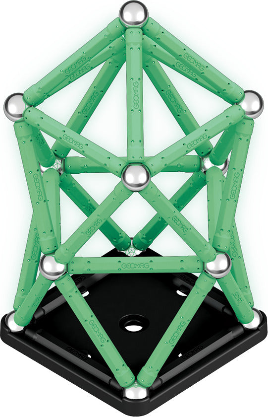 Geomag Glow 60-piece magnetic construction set with glow-in-the-dark rods and steel spheres made from recycled plastic