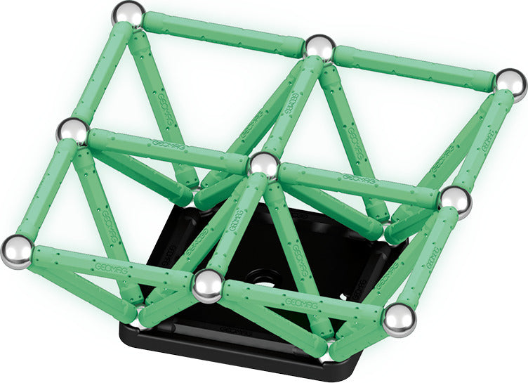 Geomag Glow 60-piece magnetic construction set with glow-in-the-dark rods and steel spheres made from recycled plastic