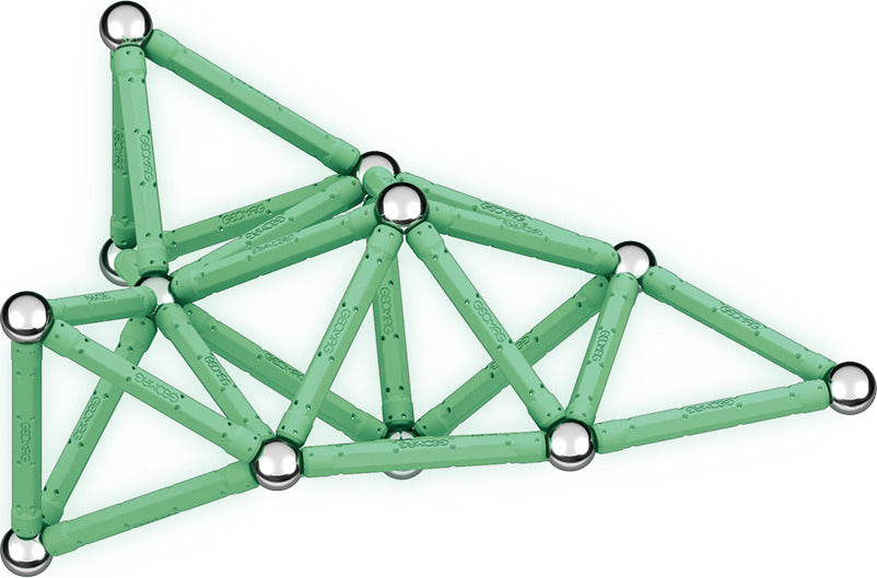Geomag Glow 60-piece magnetic construction set with glow-in-the-dark rods and steel spheres made from recycled plastic