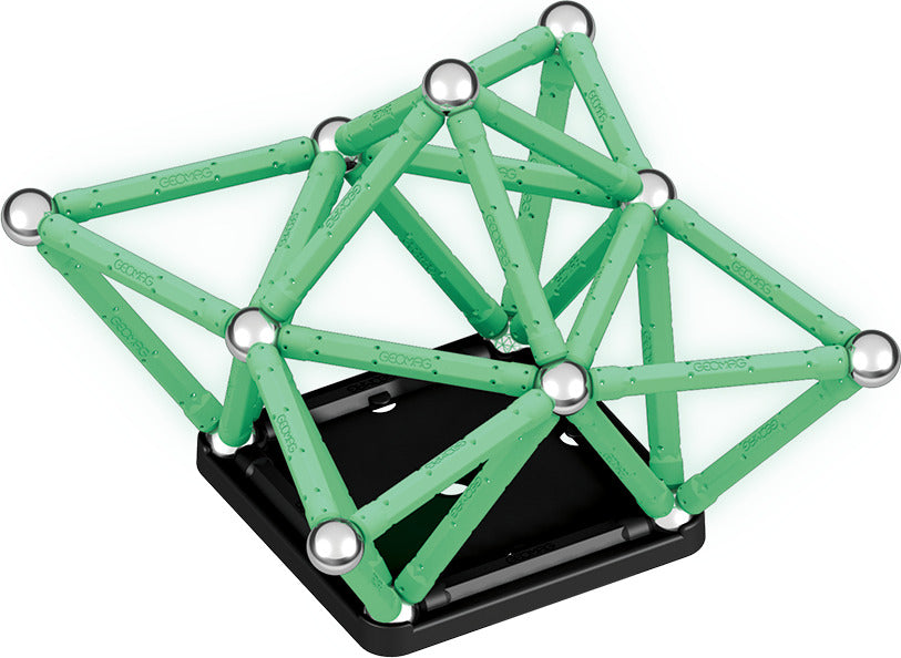 Geomag Glow 60-piece magnetic construction set with glow-in-the-dark rods and steel spheres made from recycled plastic