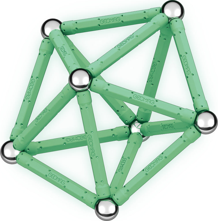 Geomag Glow 60-piece magnetic construction set with glow-in-the-dark rods and steel spheres made from recycled plastic