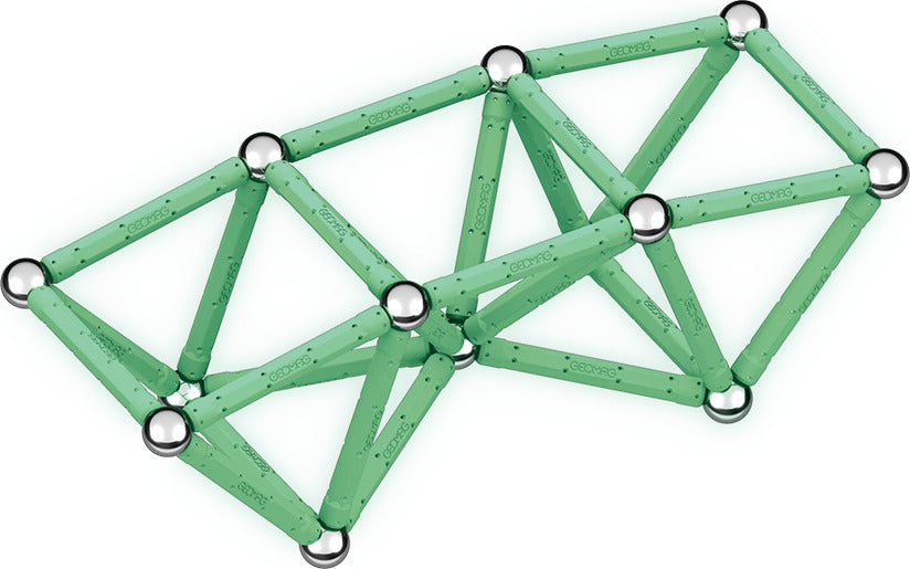 Geomag Glow 60-piece magnetic construction set with glow-in-the-dark rods and steel spheres made from recycled plastic