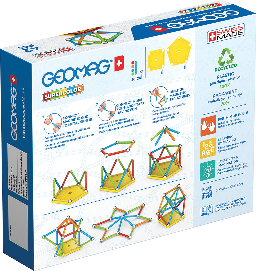 Geomag Supercolor 42-piece magnetic construction set with colorful rods and steel spheres made from recycled plastic
