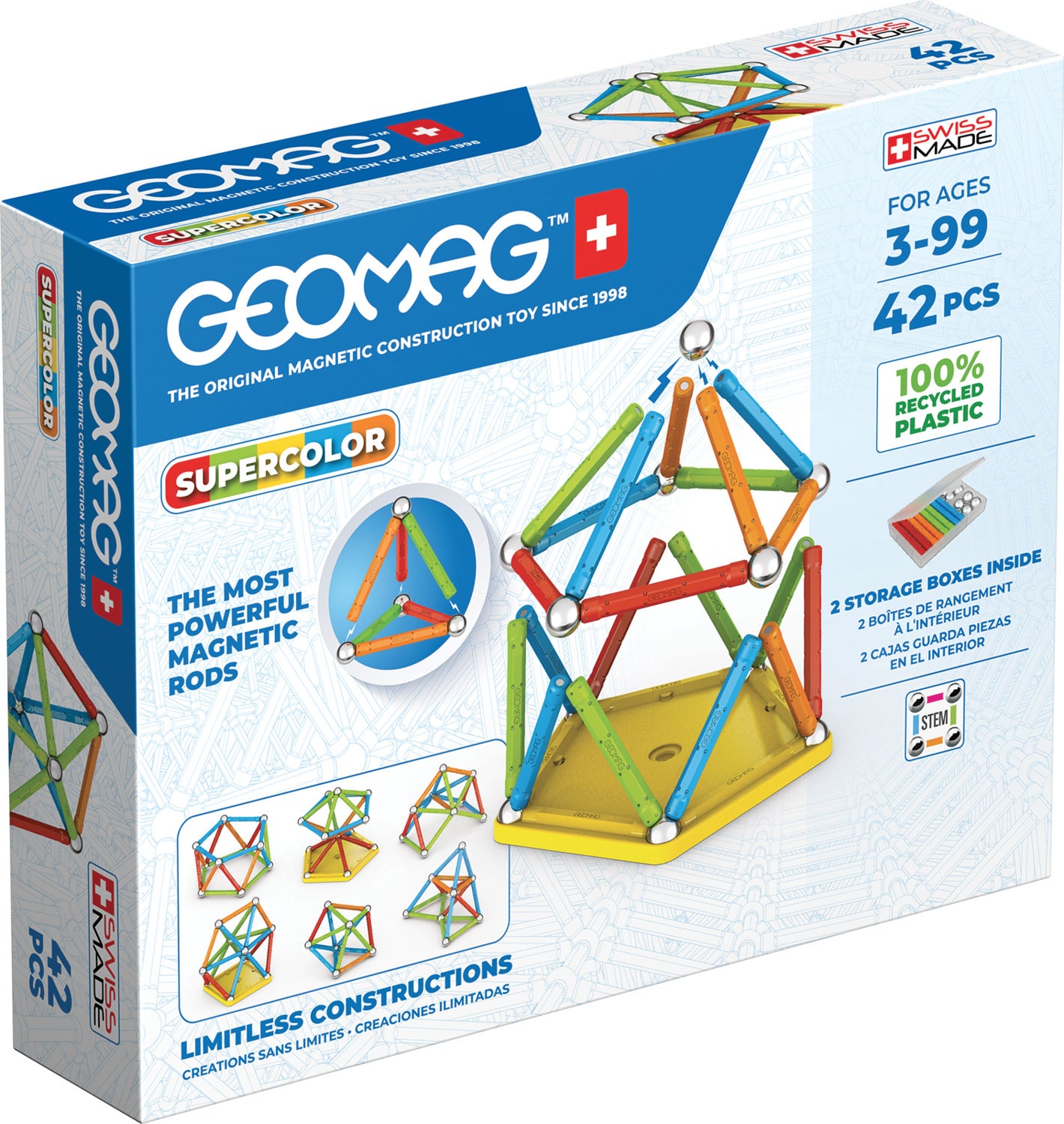 Geomag Supercolor 42-piece magnetic construction set with colorful rods and steel spheres made from recycled plastic