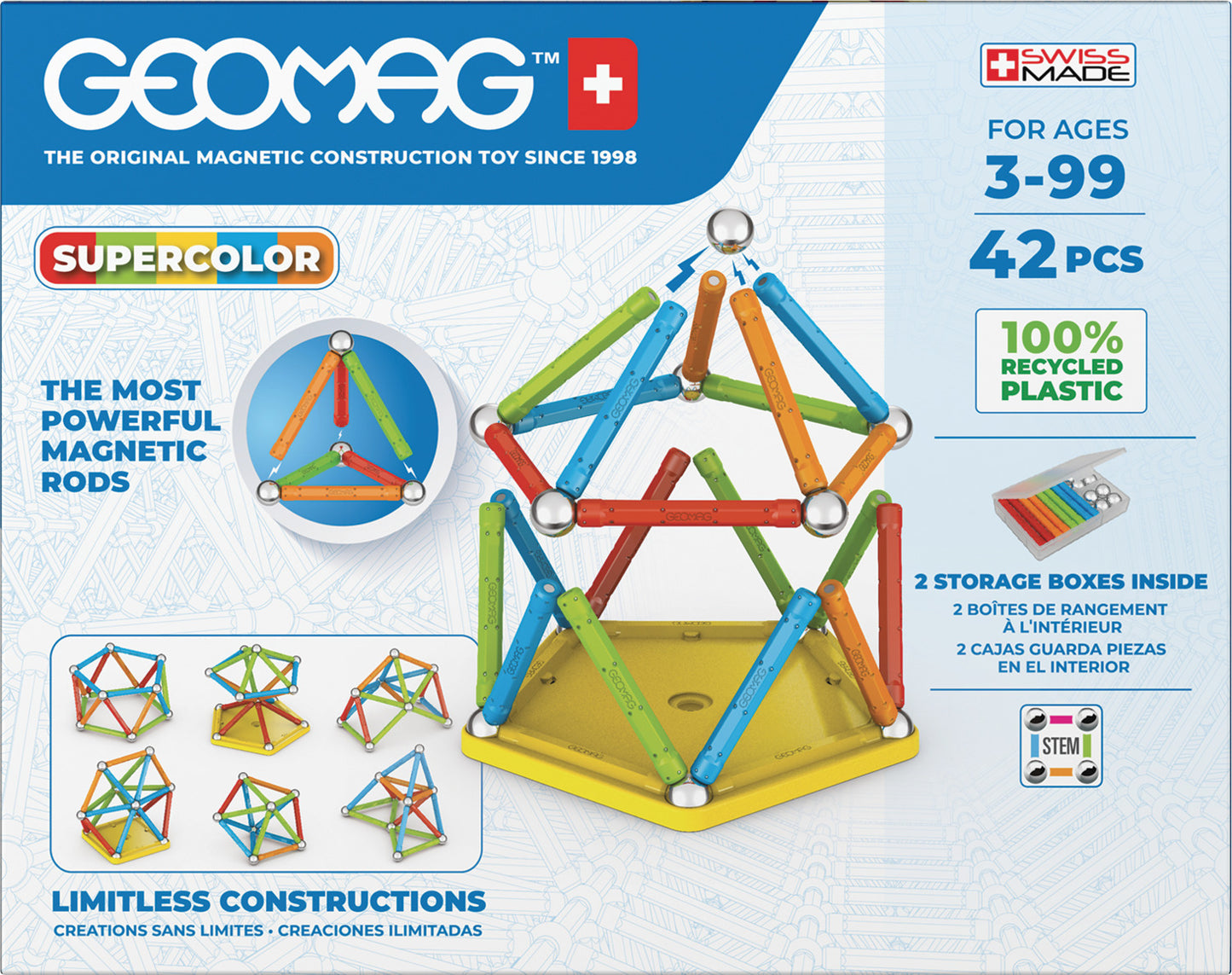 Geomag Supercolor 42-piece magnetic construction set with colorful rods and steel spheres made from recycled plastic