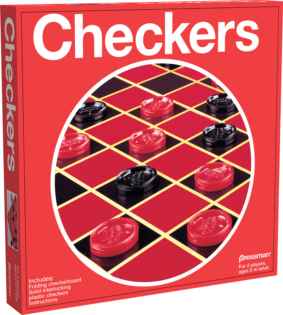 Checkers Red Box classic board game with game board, solid interlocking plastic checkers pieces, and instructions