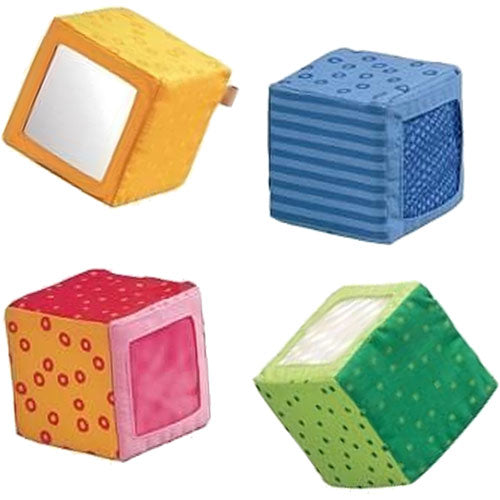 HABA Happy Quartett soft fabric baby blocks with colorful patterns and different sounds for stacking play