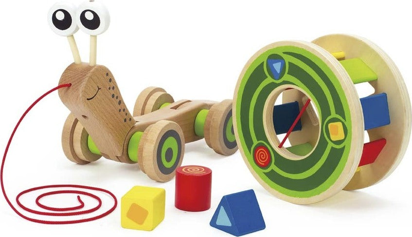 Hape Walk A-long Snail wooden pull toy with colorful shell that moves and wobbles as toddlers pull