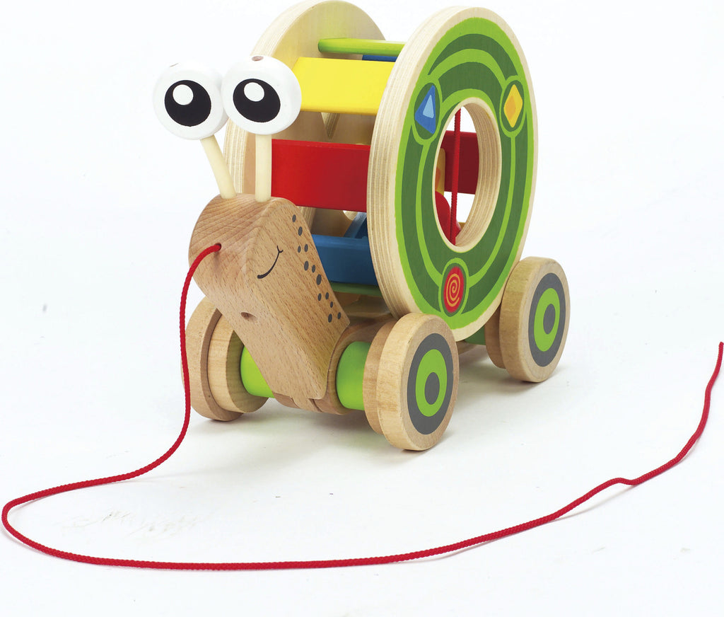 Hape Walk A-long Snail wooden pull toy with colorful shell that moves and wobbles as toddlers pull