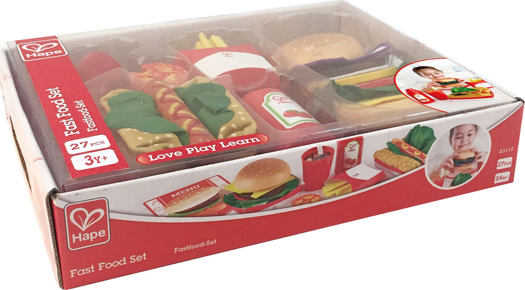 Hape Fast Food Set pretend play toy with burger, hot dog, French fries and cola for kids ages 3-7