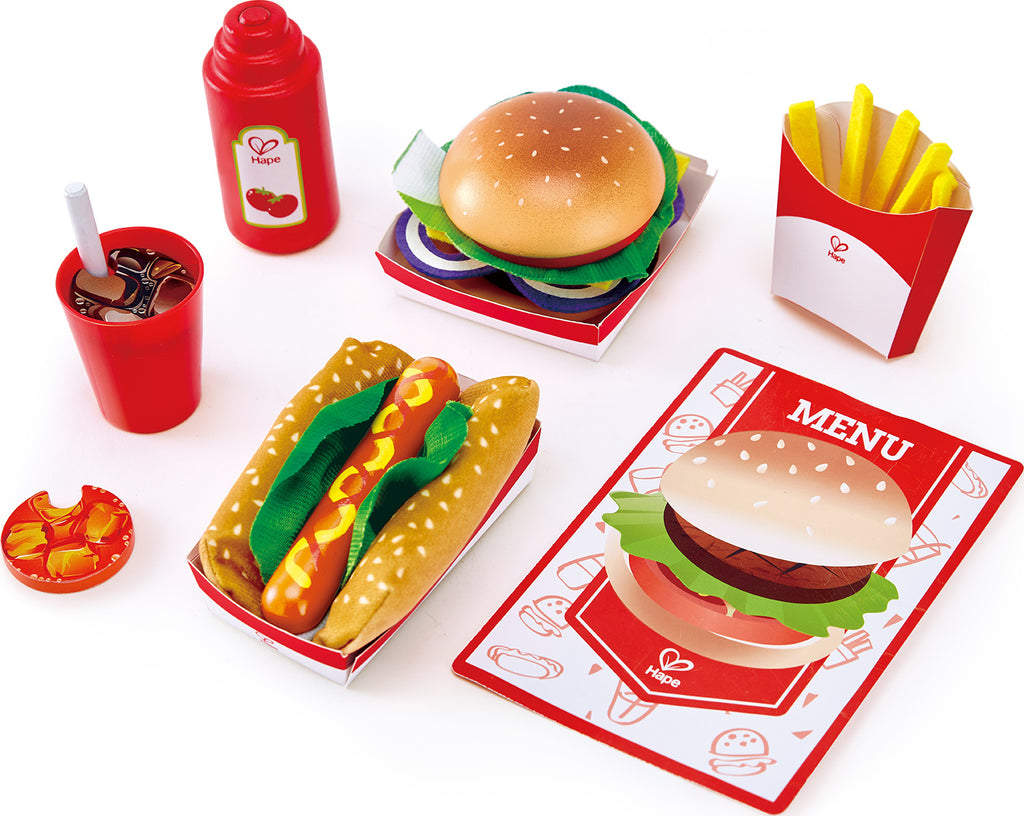 Hape Fast Food Set pretend play toy with burger, hot dog, French fries and cola for kids ages 3-7