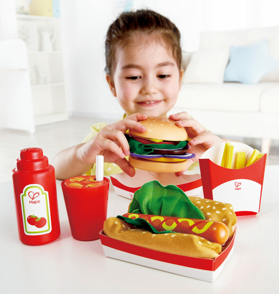 Hape Fast Food Set pretend play toy with burger, hot dog, French fries and cola for kids ages 3-7