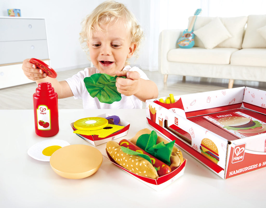 Hape Fast Food Set pretend play toy with burger, hot dog, French fries and cola for kids ages 3-7