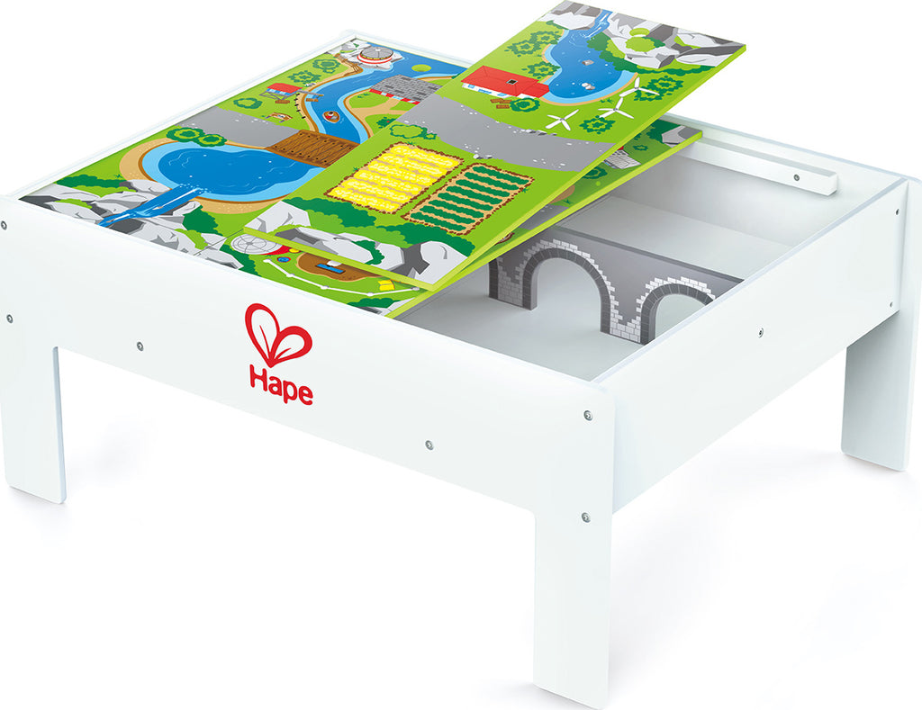 Hape Reversible Train Storage Table with city and countryside scenes, built-in storage for railway toys ages 3-7