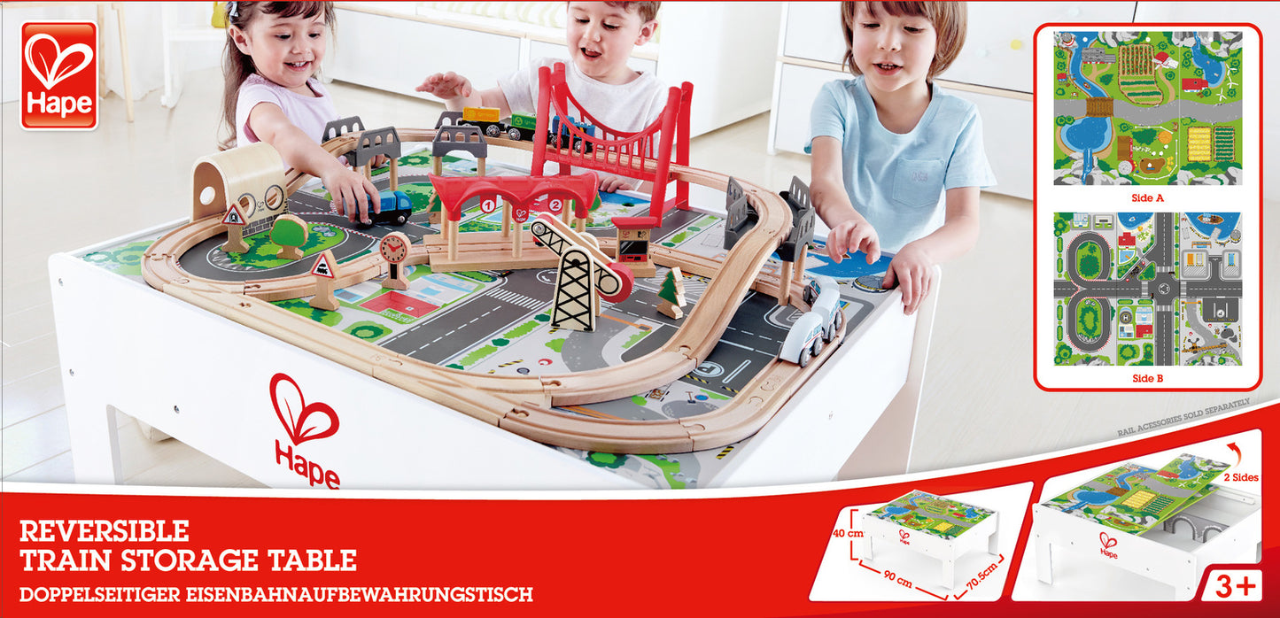 Hape Reversible Train Storage Table with city and countryside scenes, built-in storage for railway toys ages 3-7