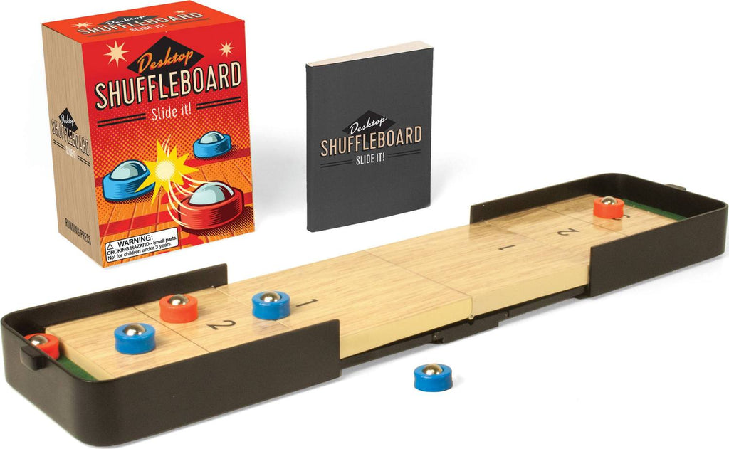 Desktop Shuffleboard game with sliding pucks for precision tabletop competition