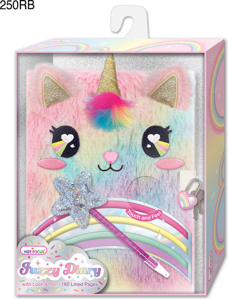 Fuzzy Diary with Lock & Keys in rainbow design with soft fuzzy cover and secure lock for private journaling