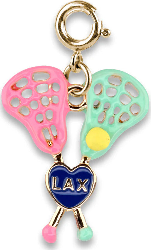 Gold lacrosse charm with two lacrosse sticks, ball and heart design for CHARM IT! jewelry