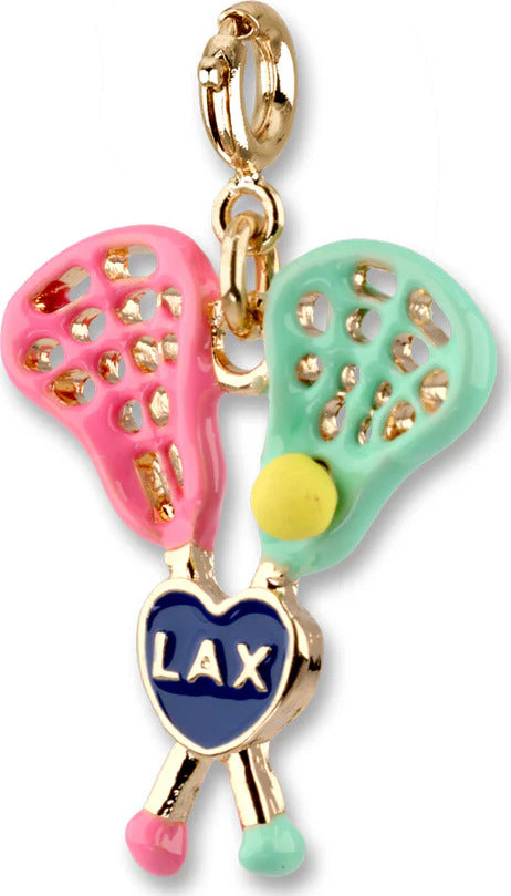 Gold lacrosse charm with two lacrosse sticks, ball and heart design for CHARM IT! jewelry