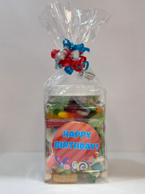 Sweet & Sour Gummy Candy Mix – 1.5lb Happy Birthday Jar (Blue)