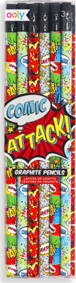 Set of Comic Attack pencils with colorful superhero action artwork and comic book designs