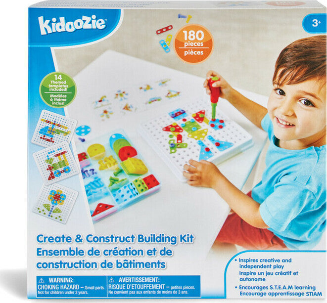 Create & Construct Building Kit with 180 pieces including screwdriver, plates, screws and pegboard for STEAM learning