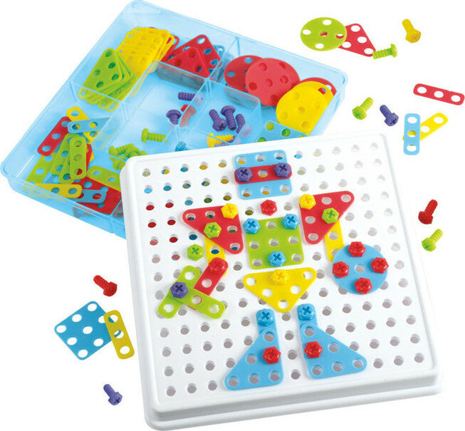 Create & Construct Building Kit with 180 pieces including screwdriver, plates, screws and pegboard for STEAM learning