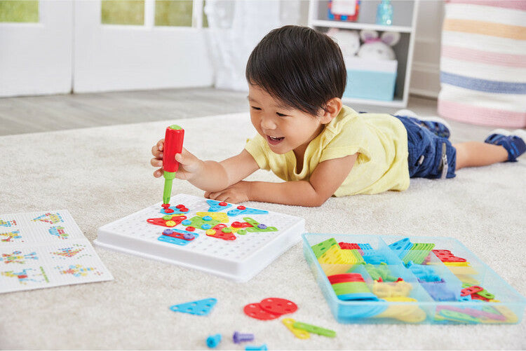 Create & Construct Building Kit with 180 pieces including screwdriver, plates, screws and pegboard for STEAM learning