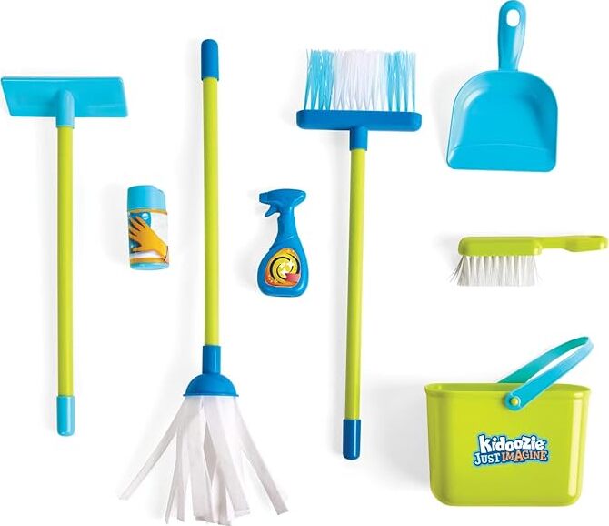 Cleaning Essentials Playset by KidOozie with 9-piece set including broom, mop, duster, dustpan and cleaning supplies for ages 2 and up