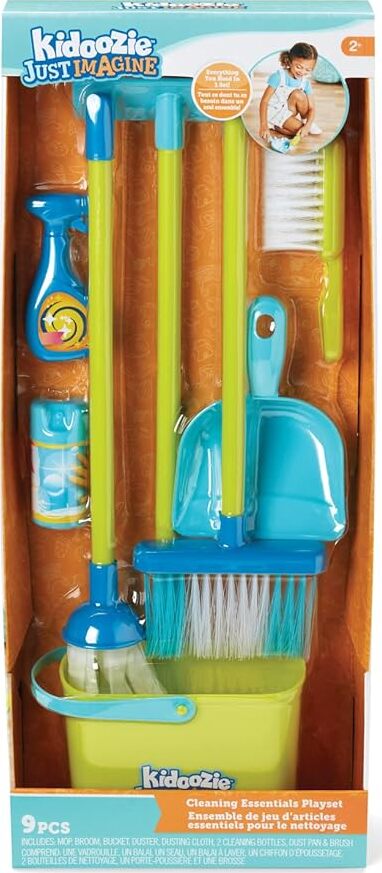 Cleaning Essentials Playset by KidOozie with 9-piece set including broom, mop, duster, dustpan and cleaning supplies for ages 2 and up