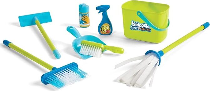 Cleaning Essentials Playset by KidOozie with 9-piece set including broom, mop, duster, dustpan and cleaning supplies for ages 2 and up