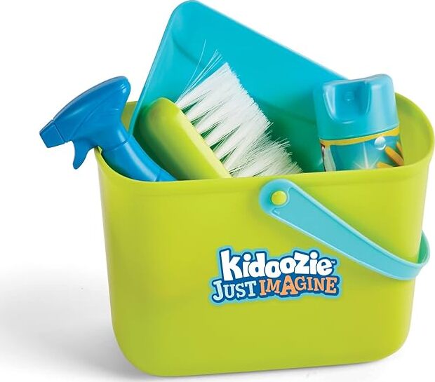 Cleaning Essentials Playset by KidOozie with 9-piece set including broom, mop, duster, dustpan and cleaning supplies for ages 2 and up