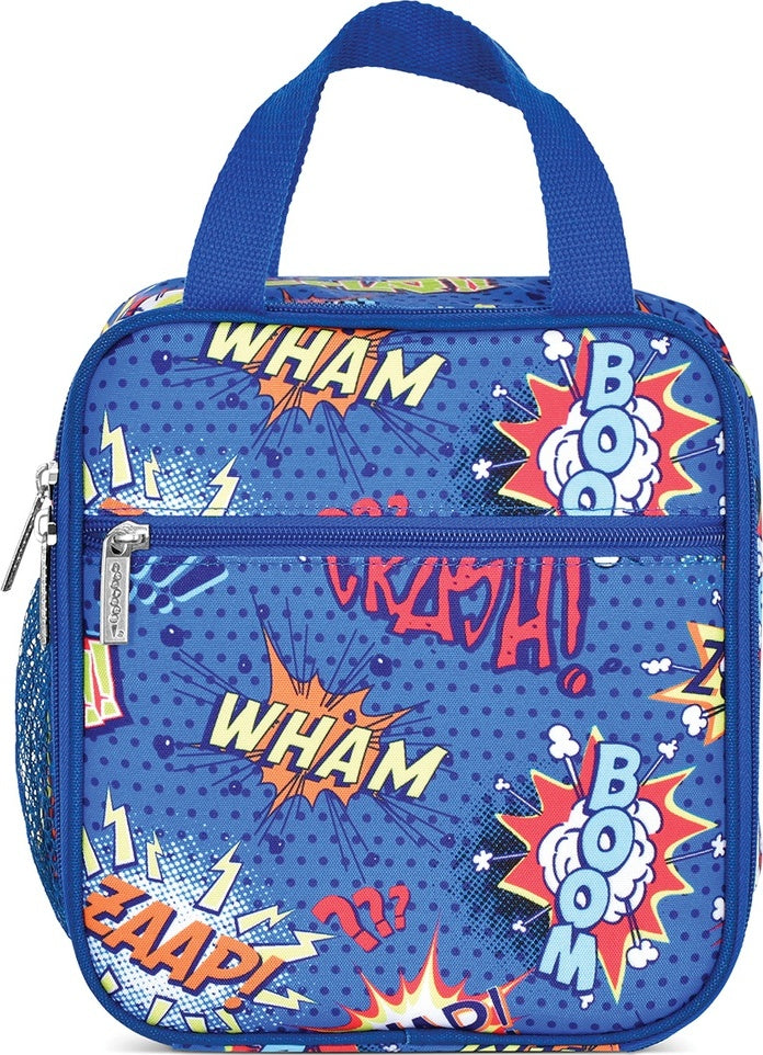 Colorful superhero-themed lunch tote bag with zippered compartments and insulated interior lining
